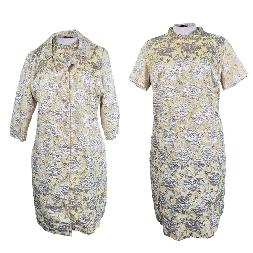 Vintage 60s Gold Lame' Brocade Embellished Shift Dress and Jacket Set Plus Sz 20